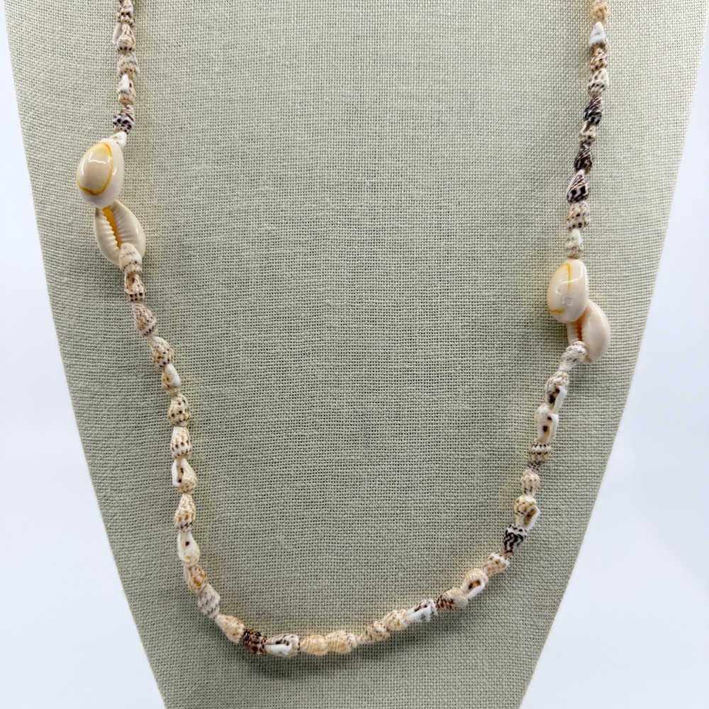 Natural Cowrie Seashell Long Necklace Cream Brown Coastal Boho Statement Gift